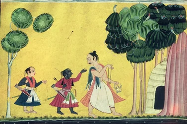 Rama und Lakshmana begleitet von Visvamitra, aus dem Ramayana, ca. 1750